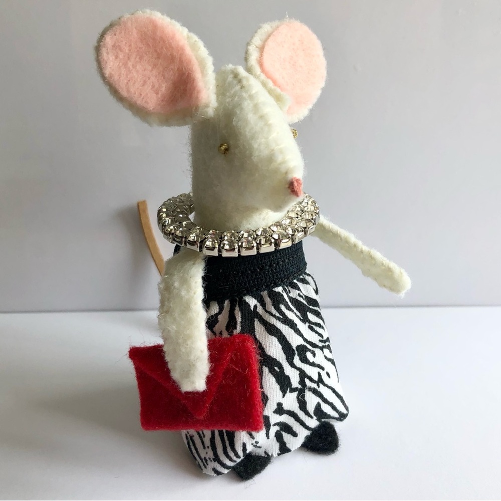 Hand-sewn Felt Mouse art doll Zebra print dress Rhinestone necklace, clutch bag